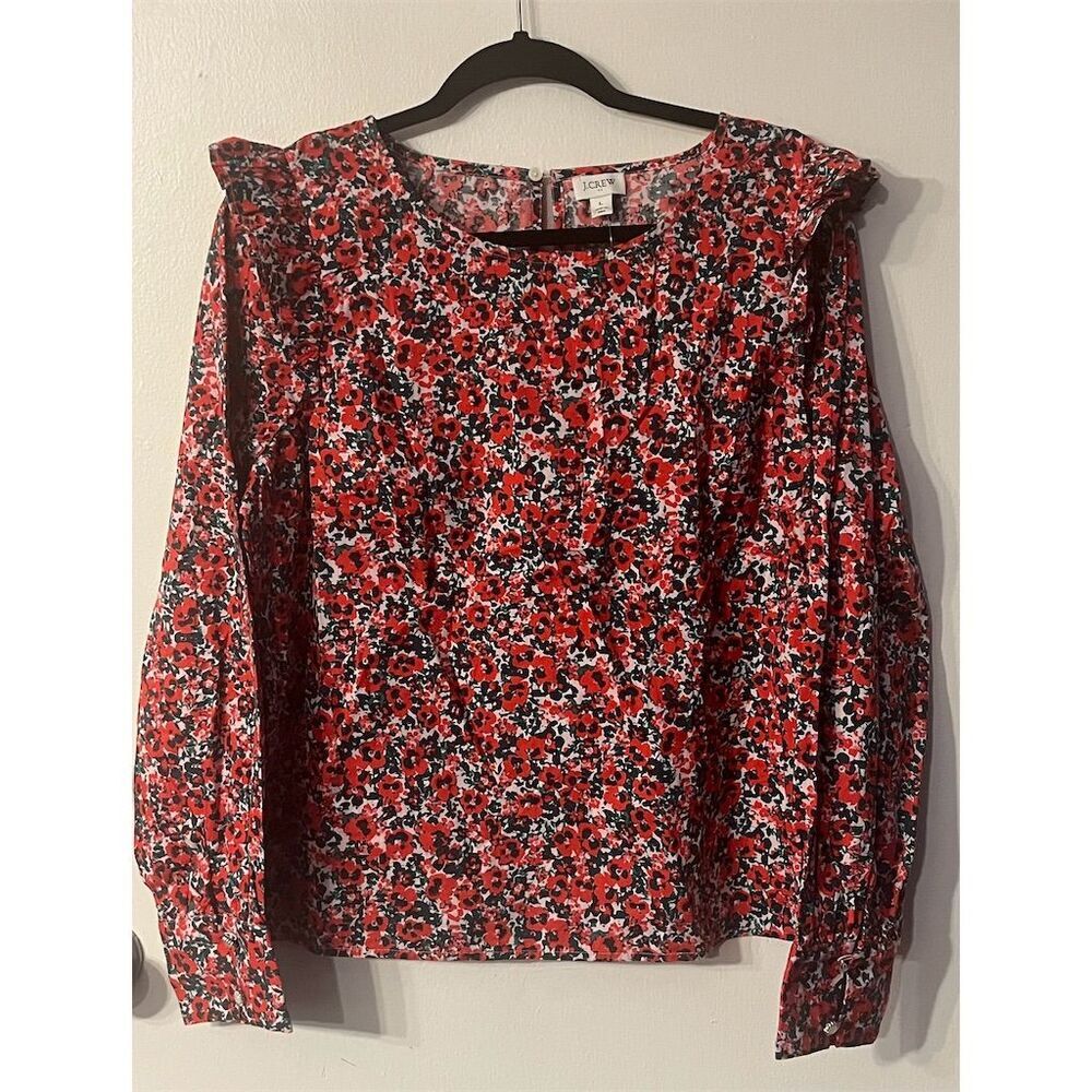 J. Crew Floral Cotton Blend Poplin‎ Long Sleeve Ruffle Top L NWT